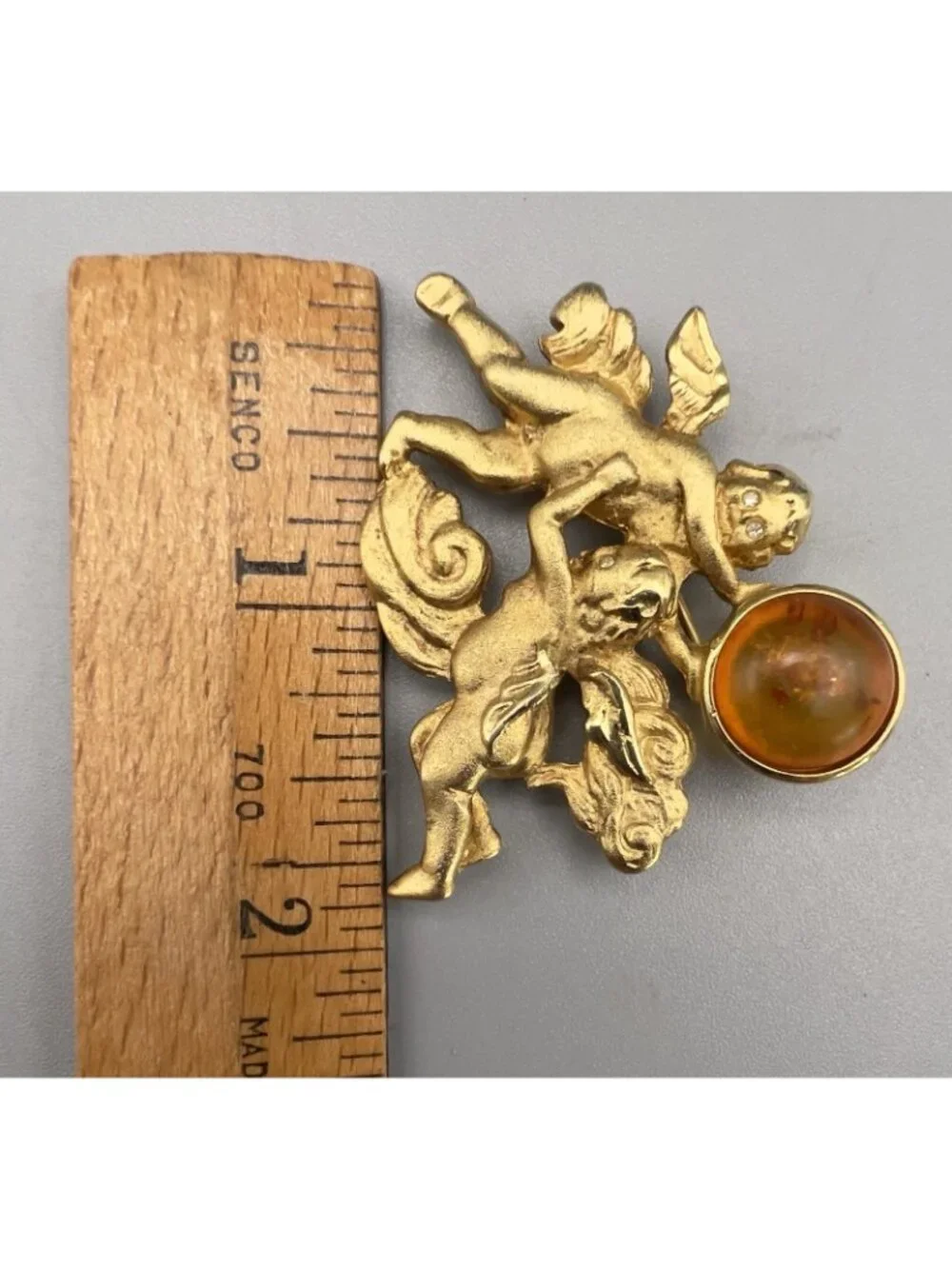 Vintage Signed LS Louis Stern Cherub Angel Brooch Gold Tone Amber Cabochon Pin